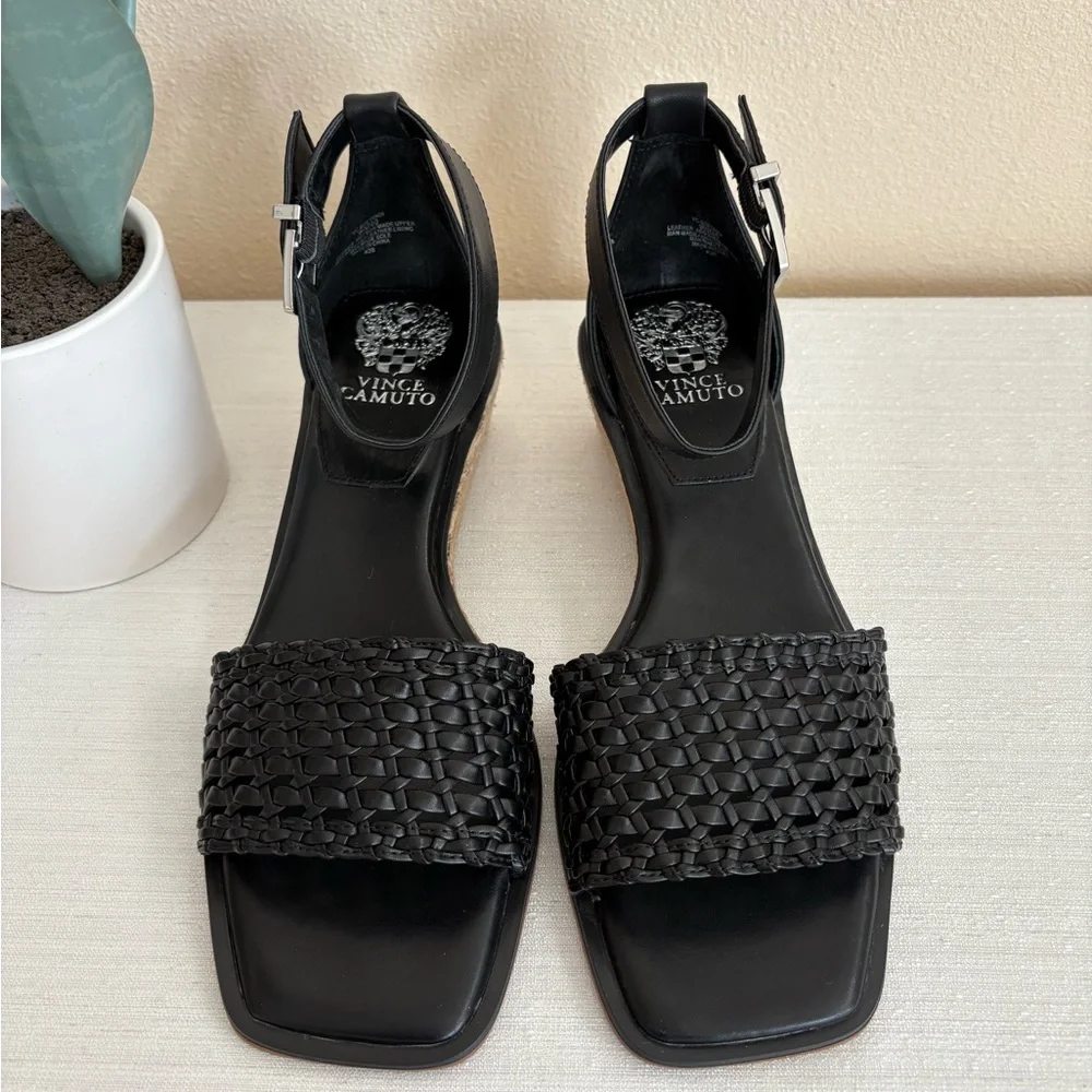 Black Woven Ankle Strap Wedge Sandals - Brand: